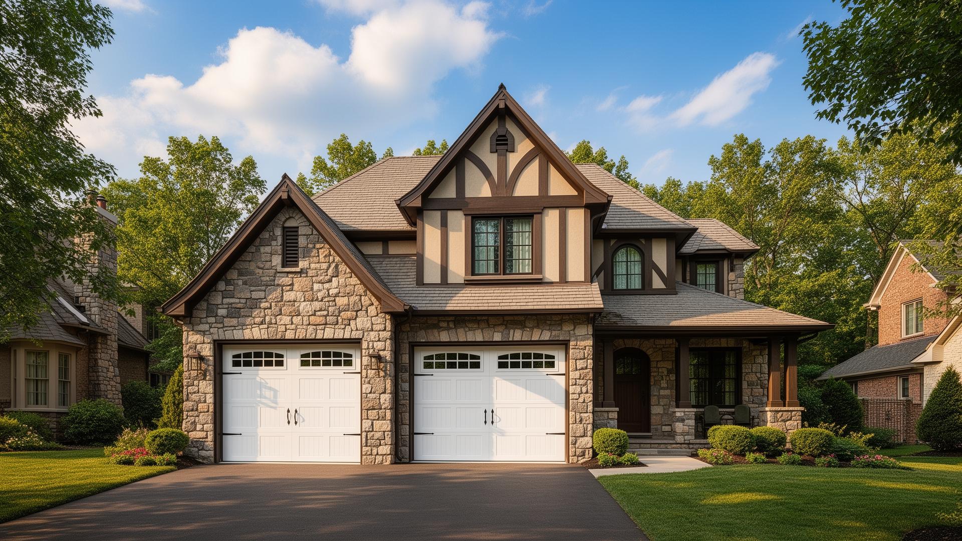 Beautiful Tudor style home with premium white garage doors in Warren, OH